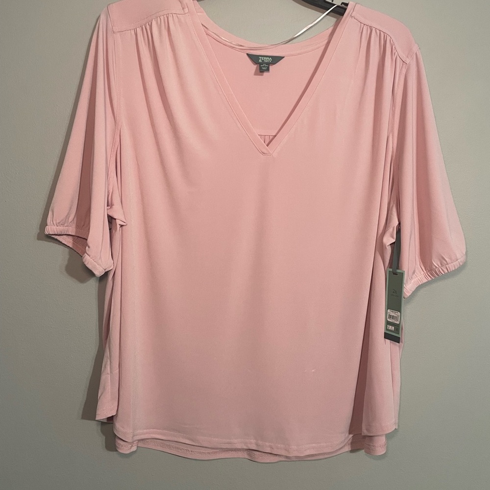 Terra & Sky Pale Pink V-Neck Elbow Sleeve Blouse 2X BNWT